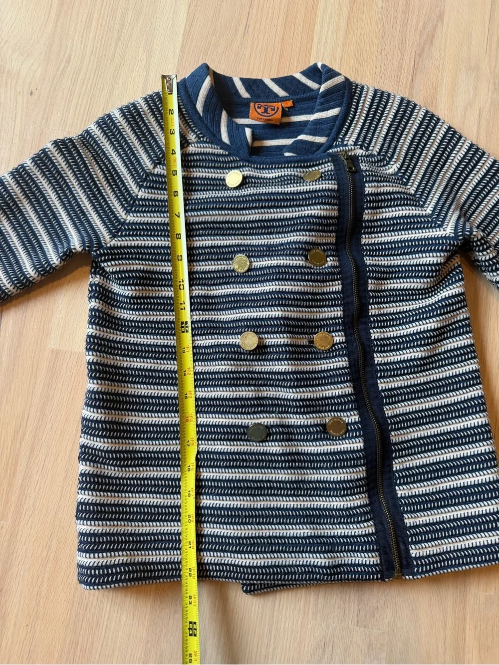 Tory Burch Navy and Cream Merino Wool Striped Knit Double-Breasted Jacket